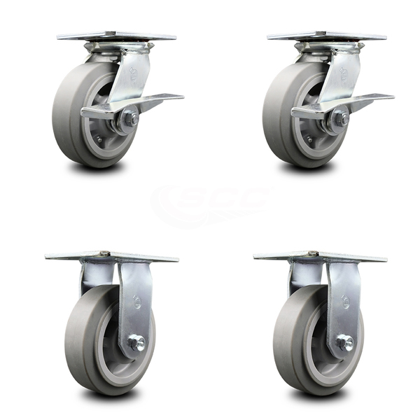 Service Caster 6 Inch Thermoplastic Caster Set with Ball Bearing 2 Brakes and 2 Rigid SCC SCC-35S620-TPRBF-SLB-2-R-2